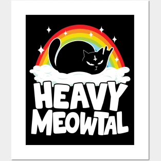 Heavy Meowtal Funny Cat Retro Rainbow Heavy Metal Cats Posters and Art